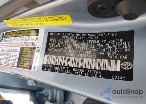 2012 Toyota Avalon Limited из США, поврежденный, VIN 4T1BK3DB1CU470823